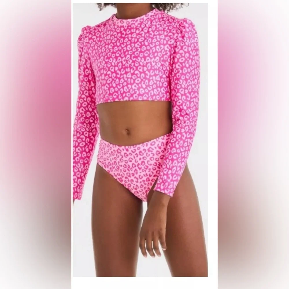 Cat & Jack Girls Pink Leopard Long Sleeve Rash Guard Crop Top Size L 10/12